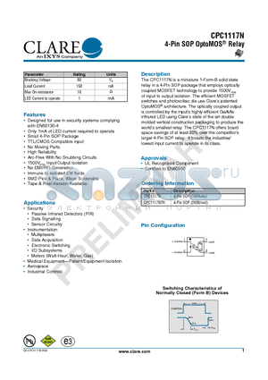 CPC1117NTR datasheet - 4-Pin SOP OptoMOS Relay