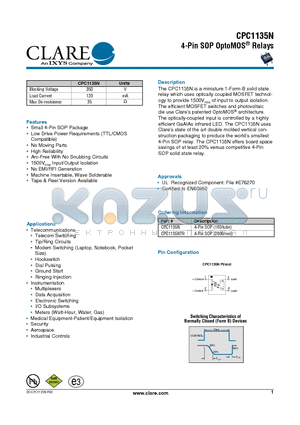 CPC1135N datasheet - 4-Pin SOP OptoMOS Relays