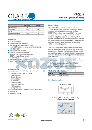 CPC1218 datasheet - 4-Pin SIP OptoMOS^ Relay