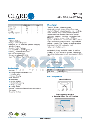 CPC1219 datasheet - 4-Pin SIP OptoMOS^ Relay