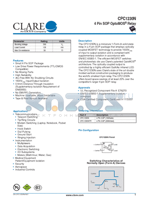 CPC1230N datasheet - 4 Pin SOP OptoMOS^ Relay