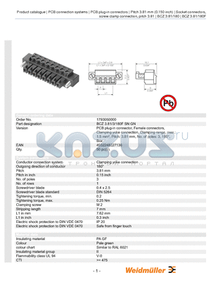 1793050000 datasheet - BCZ 3.81/3/180F SN GN