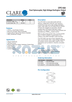 CPC1302 datasheet - Dual Optocoupler, High-Voltage Darlington Output