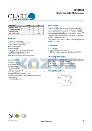 CPC1303 datasheet - Single-Transistor Optocoupler