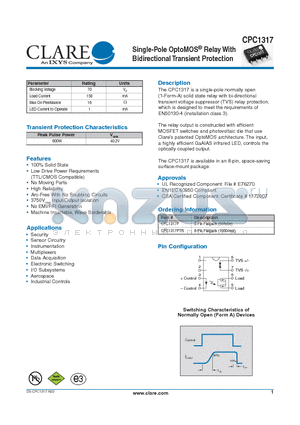 CPC1317P datasheet - Single-Pole OptoMOS^ Relay With Bidirectional Transient Protection