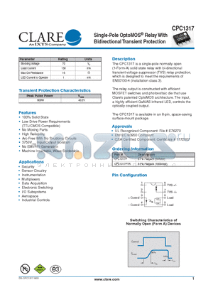 CPC1317PTR datasheet - Single-Pole OptoMOS^ Relay With Bidirectional Transient Protection