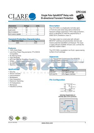 CPC1335 datasheet - Single Pole OptoMOS^ Relay with Bi-directional Transient Protection