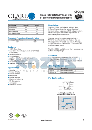 CPC1335PTR datasheet - Single Pole OptoMOS^ Relay with Bi-directional Transient Protection