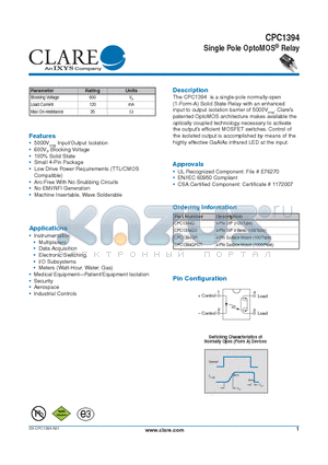 CPC1394 datasheet - Single Pole OptoMOS^ Relay