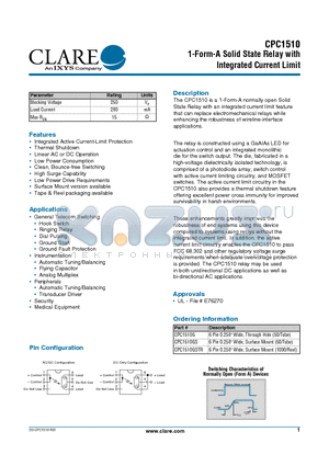 CPC1510G datasheet - 1-Form-A Solid State Relay with Integrated Current Limit