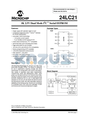 24LC21-/P datasheet - 1K 2.5V Dual Mode I2C Serial EEPROM