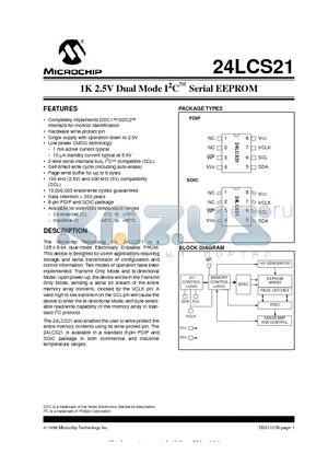 24LC21-IP datasheet - 1K 2.5V Dual Mode I 2 C  Serial EEPROM