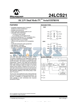 24LC21-ISN datasheet - 1K 2.5V Dual Mode I 2 C  Serial EEPROM