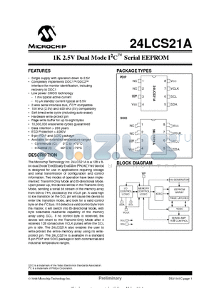24LC21A-IP datasheet - 1K 2.5V Dual Mode I 2 C  Serial EEPROM