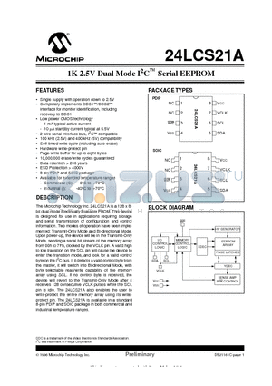 24LC21A-ISN datasheet - 1K 2.5V Dual Mode I 2 C  Serial EEPROM