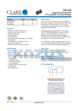 CPC1706 datasheet - 4-Pin OptoMOS^ DC Power SIP Relay