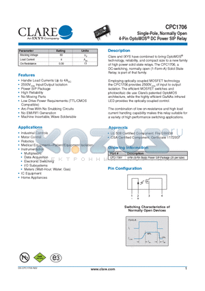 CPC1706Y datasheet - 4-Pin OptoMOS^ DC Power SIP Relay