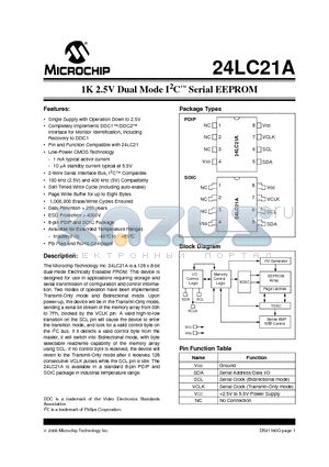 24LC21AT-I/SN datasheet - 1K 2.5V Dual Mode I2C Serial EEPROM