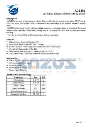 ACE302_12 datasheet - Low Voltage Detector with Built-in Delay Circuit