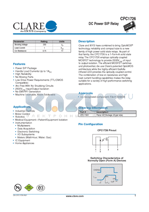 CPC1726Y datasheet - DC Power SIP Relay