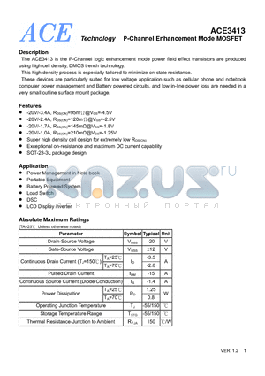 ACE3413 datasheet - P-Channel Enhancement Mode MOSFET