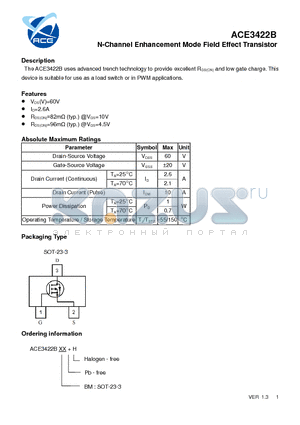 ACE3422B datasheet - N-Channel Enhancement Mode Field Effect Transistor