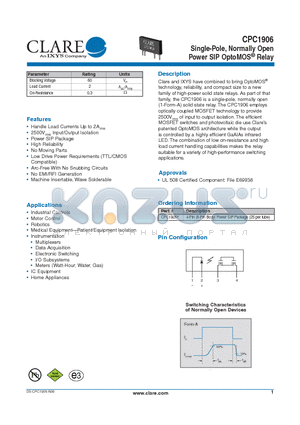 CPC1906Y datasheet - Power SIP OptoMOS^ Relay