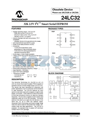 24LC32 datasheet - 32K 2.5V I2C Smart Serial EEPROM