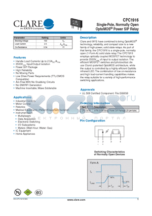 CPC1916 datasheet - OptoMOS^ Power SIP Relay
