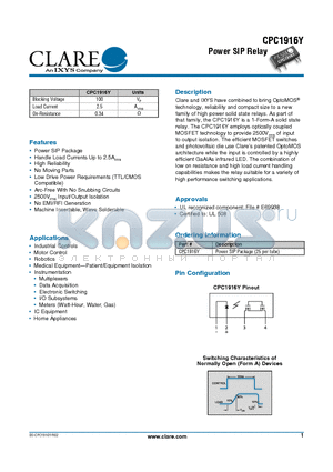 CPC1916Y datasheet - Power SIP Relay