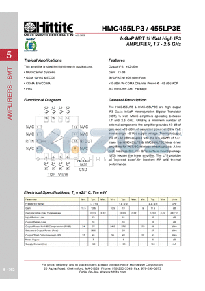455LP3E datasheet - InGaP HBT m Watt High IP3 AMPLIFIER, 1.7 - 2.5 GHz