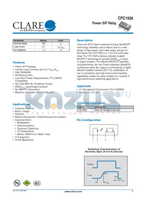 CPC1926 datasheet - Power SIP Relay