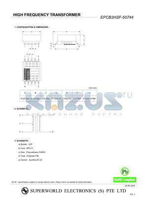 EPCB3HSF-50744 datasheet - HIGH FREQUENCY TRANSFORMER