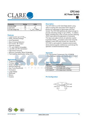 CPC1943 datasheet - AC Power Switch