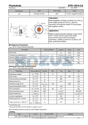 EPD-150-0-3.6 datasheet - Photodiode