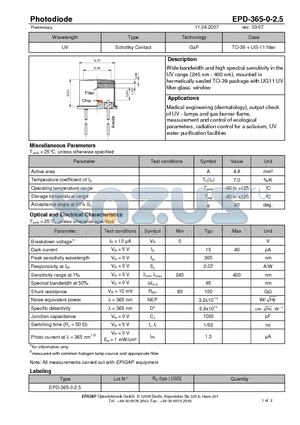 EPD-365-0-2.5 datasheet - Photodiode