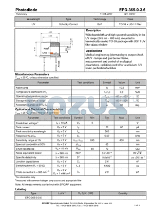 EPD-365-0-3.6 datasheet - Photodiode