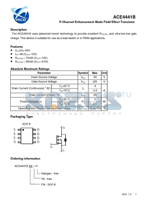 ACE4441B datasheet - P-Channel Enhancement Mode Field Effect Transistor