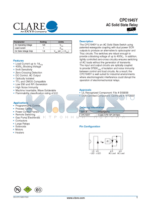 CPC1945Y_1 datasheet - AC Solid State Relay