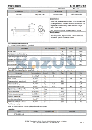 EPD-880-5-0.9 datasheet - Photodiode