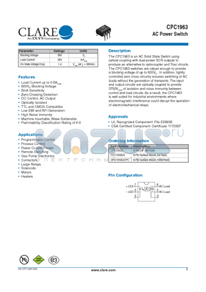 CPC1963 datasheet - AC Power Switch