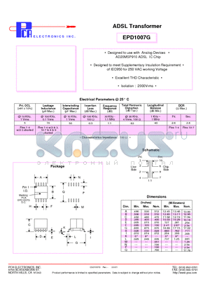 EPD1007G datasheet - ADSL Transformer