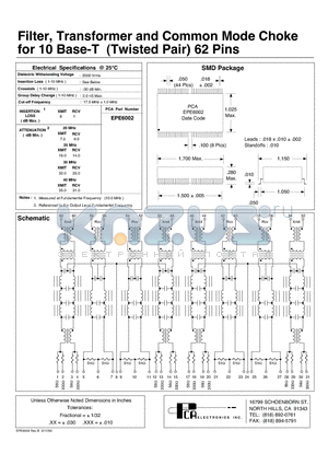 EPE6002 datasheet - Filter, Transformer and Common Mode Choke for 10 Base-T (Twisted Pair) 62 Pins