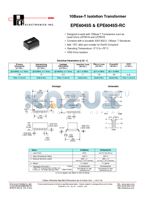 EPE6045S-RC datasheet - 10Base-T Isolation Transformer