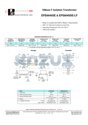 EPE6045SE-LF datasheet - 10Base-T Isolation Transformer