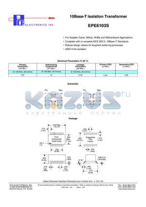 EPE6103S datasheet - 10Base-T Isolation Transformer