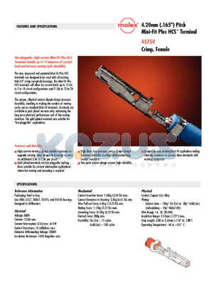 45750-0112 datasheet - Mini-Fit Plus HCS Terminal