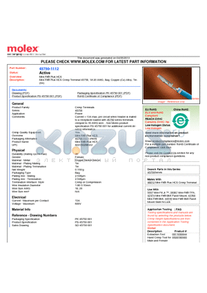 45750-1112 datasheet - Mini-Fit^ Plus HCS Crimp Terminal 45750, 18-20 AWG, Bag, Copper (Cu) Alloy, Tin (Sn)