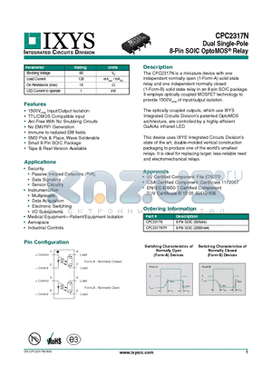 CPC2317NTR datasheet - Dual Single-Pole 8-Pin SOIC OptoMOS^ Relay