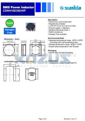 CDRH10D38DHPNP-1R5PC datasheet - Ferrite drum core construction